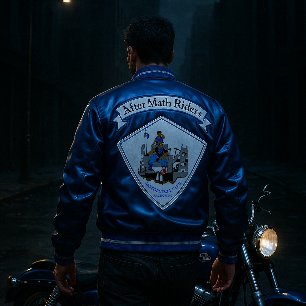 Person wearing a black satin AMR jacket about to ride his motorcycle at night.