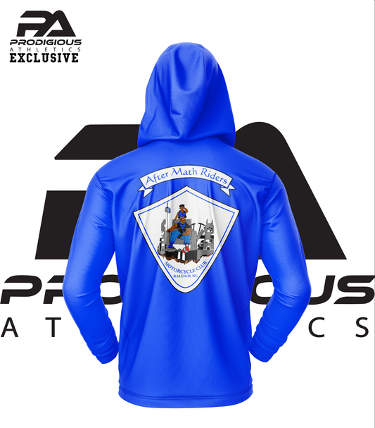 Blue hoodie with a logo on the back, displayed against a Prodigious Athletics Exclusive background.